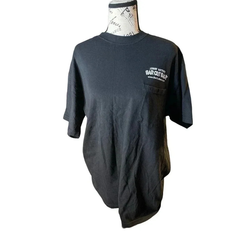 HANES HEAVYWEIGHT BLACK TEE LARGE JONNY ROTTON'S BAR OUT BACK BIKE WEEK 2003